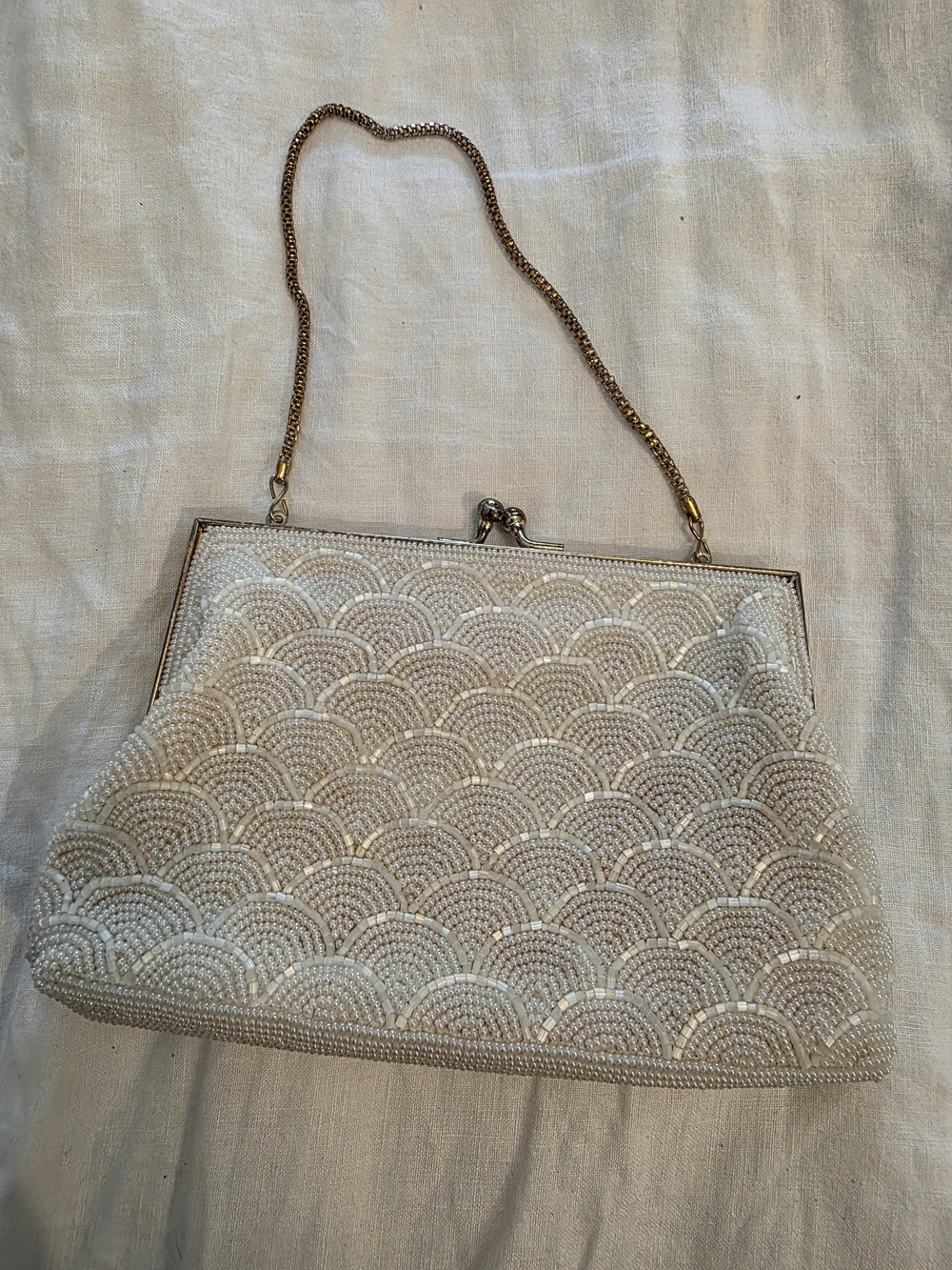 Vintage *Handmade* White Beaded Evening Bag with Chain Strap